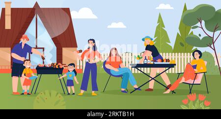 Barbecue at dacha flat poster with big family resting on lawn of country house vector illustration Stock Vector