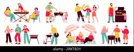 Barbecue flat color set of people spend your free time outdoor and roasting meat on grill isolated vector illustration Stock Vector