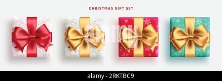 Christmas gift elements vector set design. Christmas gift set with elegant pattern wrapper and red and gold ribbon elements isolated in white. Vector Stock Vector