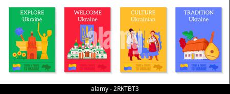 Explore ukraine flat poster set depicting traditions culture and landmarks isolated vector illustration Stock Vector