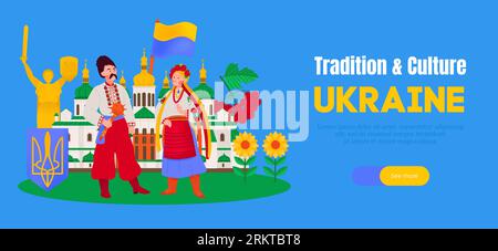 Traditions and culture of ukraine horizontal banner decorated with male and female characters in national clothes vector illustration Stock Vector