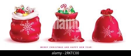 Christmas sacks elements set vector design. Christmas sacks in open, close and full of gifts elements and objects isolated in white  background. Stock Vector