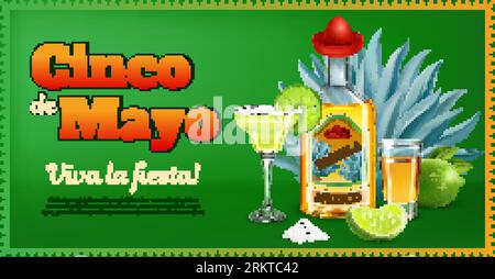 Tequila horizontal ads poster decorated with blue agave and bottle with lid in form of mexican sombrero realistic vector illustration Stock Vector