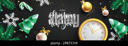 Merry christmas text vector design. Christmas greeting card with pine tree, snowflakes, clock and xmas balls decoration elements. Vector illustration Stock Vector