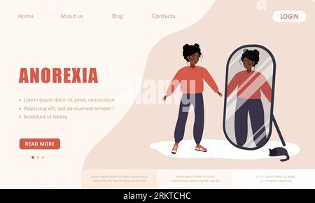 Anorexia landing page template. Slim african woman looking herself fat in mirror and feel insecure human. Rejection of yourself. Girl with mental Stock Vector