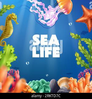 Sea life realistic background with reef seaweed coral jellyfish seashell starfish cartoon vector illustration Stock Vector