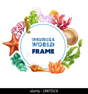 Undersea world colored round realistic frame consisting of coral seaweed seahorse shell jellyfish starfish  vector illustration Stock Vector