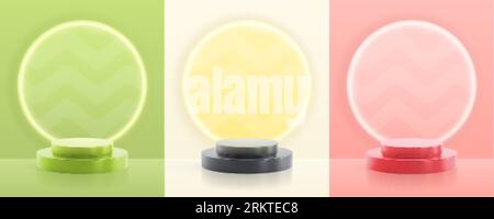 Podium set of three realistic cards with vertical compositions of abstract backgrounds circle backlight and pedestals vector illustration Stock Vector