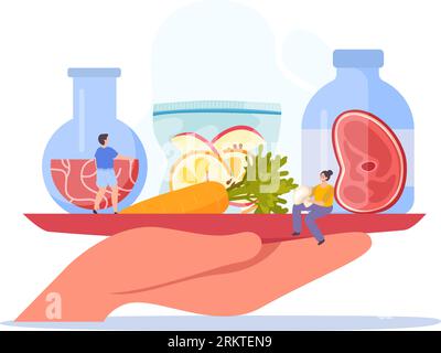 Artificial grown meat flat composition with human hand holding tray with plant based meat in tubes vector illustration Stock Vector