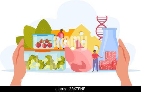 Artificial grown meat flat composition with doodle people and vegetarian meat substitute with vegetables and cheese vector illustration Stock Vector