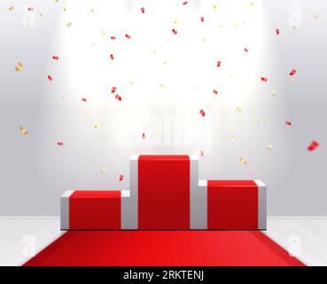 Winner podium realistic background with flying confetti red carpet and pedestals for first second third place vector illustration Stock Vector