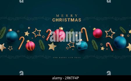 Merry christmas text vector design. Christmas greeting card with elegant xmas elements and ornaments decoration. Vector illustration seasonal card Stock Vector