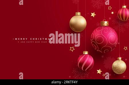 Christmas balls vector design. Merry christmas and happy new year greeting text with red and gold xmas balls hanging ornaments in elegant background. Stock Vector