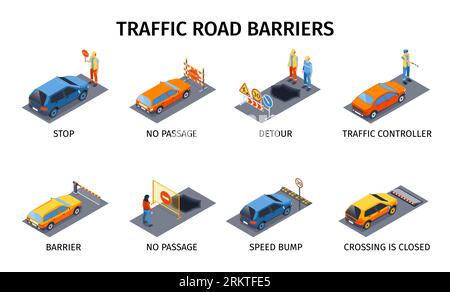 Traffic road barriers compositions set with stop symbols isometric isolated vector illustration Stock Vector