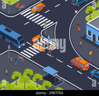 Isometric traffic road barriers composition of city road intersection scenery with traffic cones cars and people vector illustration Stock Vector