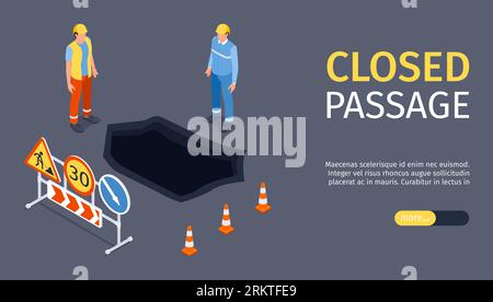 Traffic road barriers horizontal banner with detour symbols isometric vector illustration Stock Vector