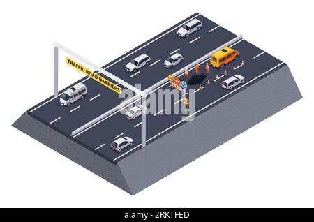 Isometric traffic road barriers composition with isolated view of motorway section with maintenance workers traffic cones vector illustration Stock Vector