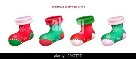 Christmas socks set vector design. Christmas santa socks elements in red and green color with stitch and snowflakes decoration. Vector illustration Stock Vector