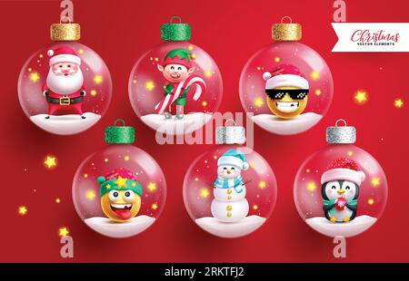 Christmas crystal balls vector set design. Christmas characters in glass balls, sphere, bauble transparent elements in magical red background. Vector Stock Vector