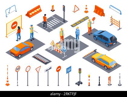 Traffic road barriers set with fence and bump symbols isometric isolated vector illustration Stock Vector