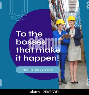 Composite of caucasian female boss assisting woman in warehouse and happy boss's day text Stock Photo
