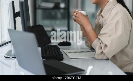 Developer programmer drinking coffee and checking code on monitor for programming to developing web. Stock Photo