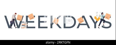 Work week flat text composition with sad and happy employees on weekdays vector illustration Stock Vector