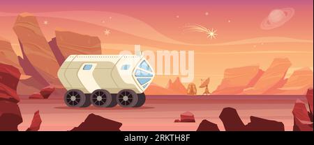 Mars colonization composition with landscape view of mars surface with sky planets and rover with wheels vector illustration Stock Vector