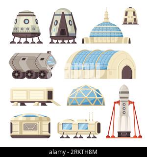 Mars colonization set of isolated icons with landing modules habitat buildings rovers and rocket launch pad vector illustration Stock Vector