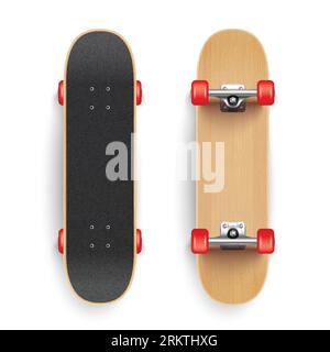 Realistic skate board set with blank background and isolated top and bottom views of wooden skateboard vector illustration Stock Vector