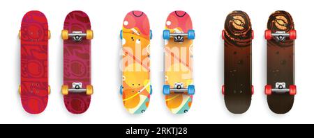 Realistic skate board set with isolated top and bottom views of urban style skateboards with artwork vector illustration Stock Vector