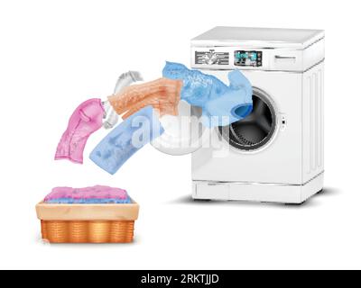 Realistic washing machine composition with isolated view of laundry flying out of machine door to basin vector illustration Stock Vector