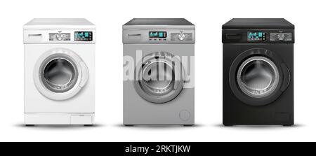 Realistic washing machine color set with three isolated images of white grey and black laundry machines vector illustration Stock Vector