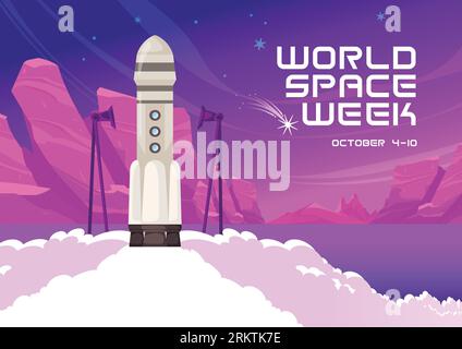 World space week composition with purple extraterrestrial background and launching rocket with smoke clouds and text vector illustration Stock Vector