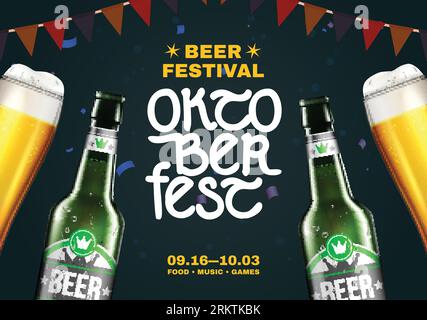 Oktoberfest composition with festive background and images of beer bottles with full glasses and editable text vector illustration Stock Vector