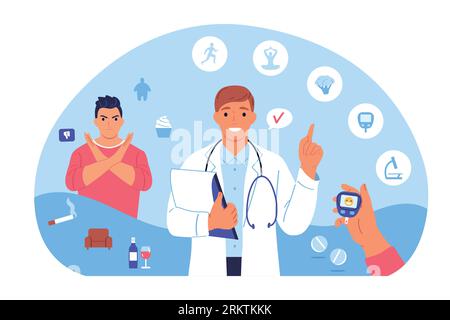 Diabetes composition with doodle characters of patient and doctor surrounded by round icons of precaution items vector illustration Stock Vector