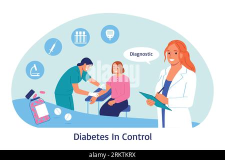 Diabetes composition with doodle style characters of medical specialist and patient with icons of medical supplies vector illustration Stock Vector