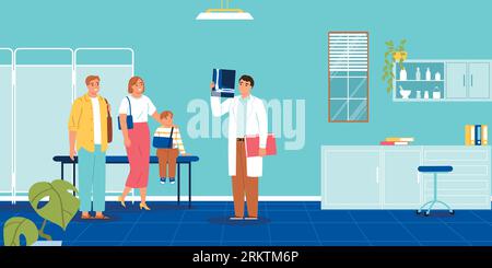 Family doctor composition with indoor scenery of doctors office with parents kid and doctor holding radiogram vector illustration Stock Vector