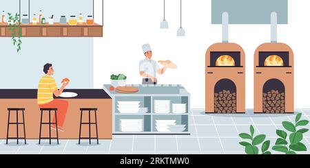 Cooks composition with indoor view of restaurant with client at bar stand and cook baked bread vector illustration Stock Vector