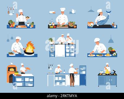 Cooks color set of isolated icons and compositions of chef cooks in uniform with kitchen utensils vector illustration Stock Vector