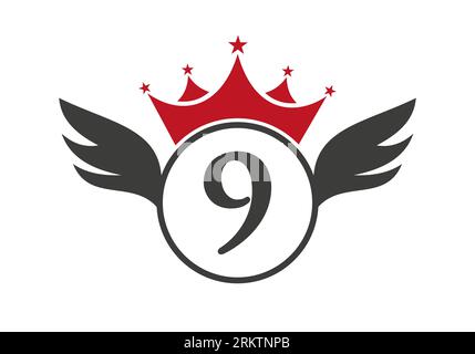 Wing Logo on Letter 9 Concept With Crown Icon Vector Template. Wing Symbol Stock Vector