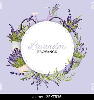Purple herbal provance background with round frame decorated with lavender realistic vector illustration Stock Vector