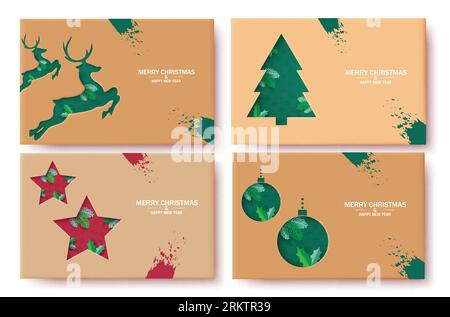 Christmas brown tags vector banner set design. Merry christmas greeting text in brown color space with paper cut style elements decoration. Vector Stock Vector
