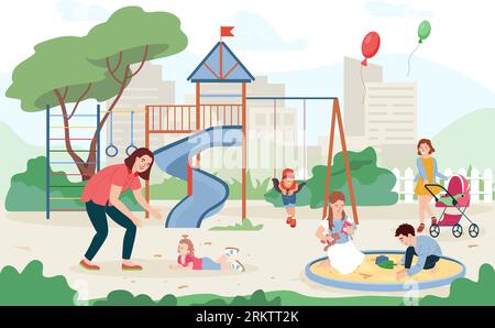 Children playground flat composition with kids riding on swings and playing in sandbox under supervision of parents vector illustration Stock Vector