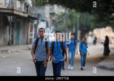 Palestine. 26th Aug, 2023. Palestinian students go to the first day of the new academic year in the Jabalia camp in the northern Gaza Strip, August 26, 2023. Photo by Ramez HabboubABACAPRESS.COM Credit: Abaca Press/Alamy Live News Stock Photo