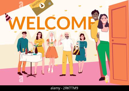 Flat style collage with happy male and female guests and welcoming couple vector illustration Stock Vector