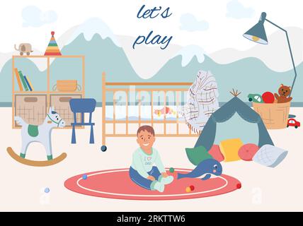 Baby development flat composition with happy kid sitting on floor in children room surrounded by toys vector illustration Stock Vector