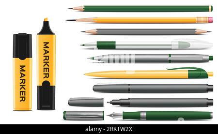 Wooden pencils markers ball gel and ink pens realistic set isolated vector illustration Stock Vector