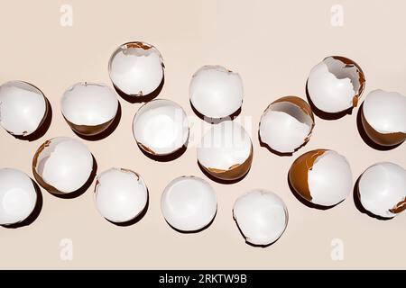 Cracked eggshell arranging on neutral background. Stock Photo