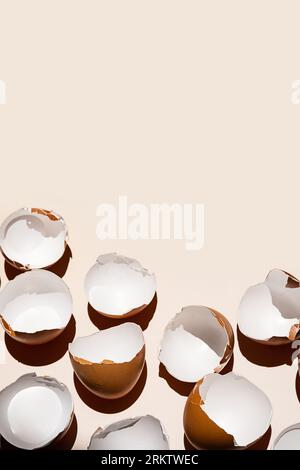 Cracked eggshell arranging on neutral background. Stock Photo